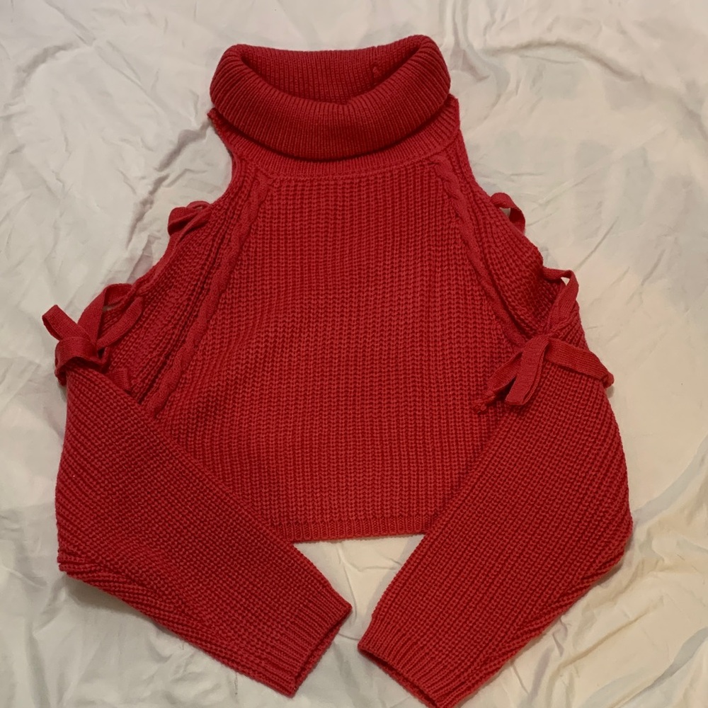 Deep Coral Women's Sweater with Cut-Out Shoulders
